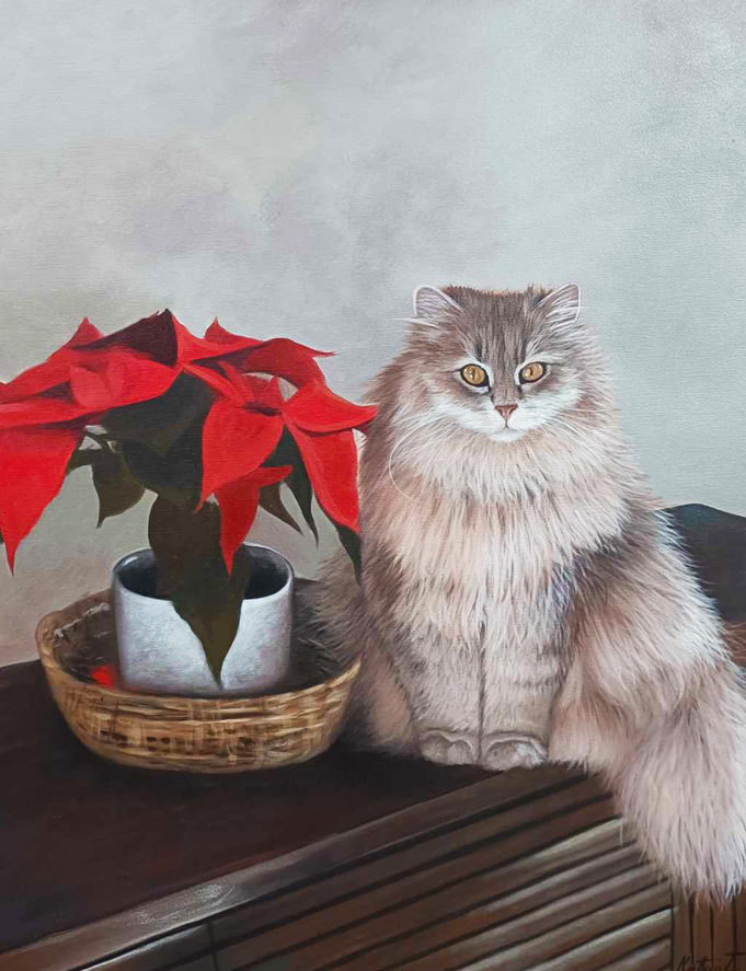 Gemälde einer Katze und einer Pflanze