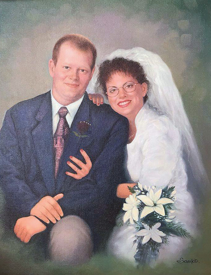 Ein Ölgemälde eines Bräutigams und seiner Braut