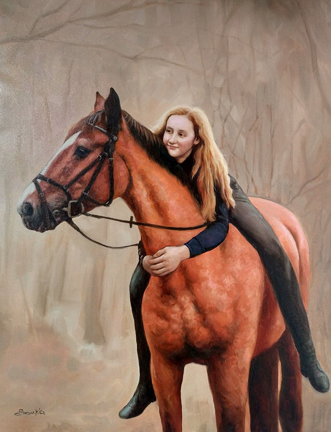 Gemälde eines Mädchens und ihres Pferdes